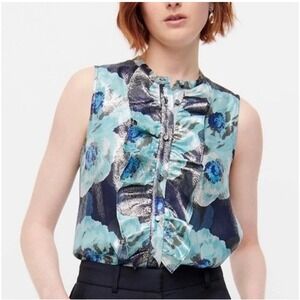 J. Crew Sleeveless Ruffle Floral Metallic Silk Blend‎ Blouse XXS boho fairy Y2K